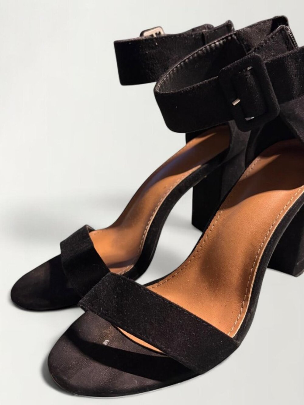 Black suede block heel sandals with ankle strap - size 8.5